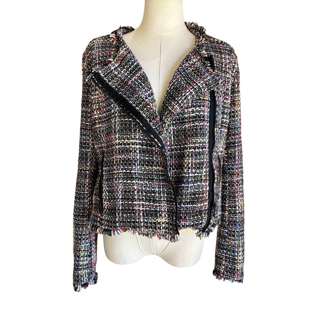 HALLOGEN Tweed Moto Jacket Womens S Multicolor Boucle Fringe Asymmetric Zip
